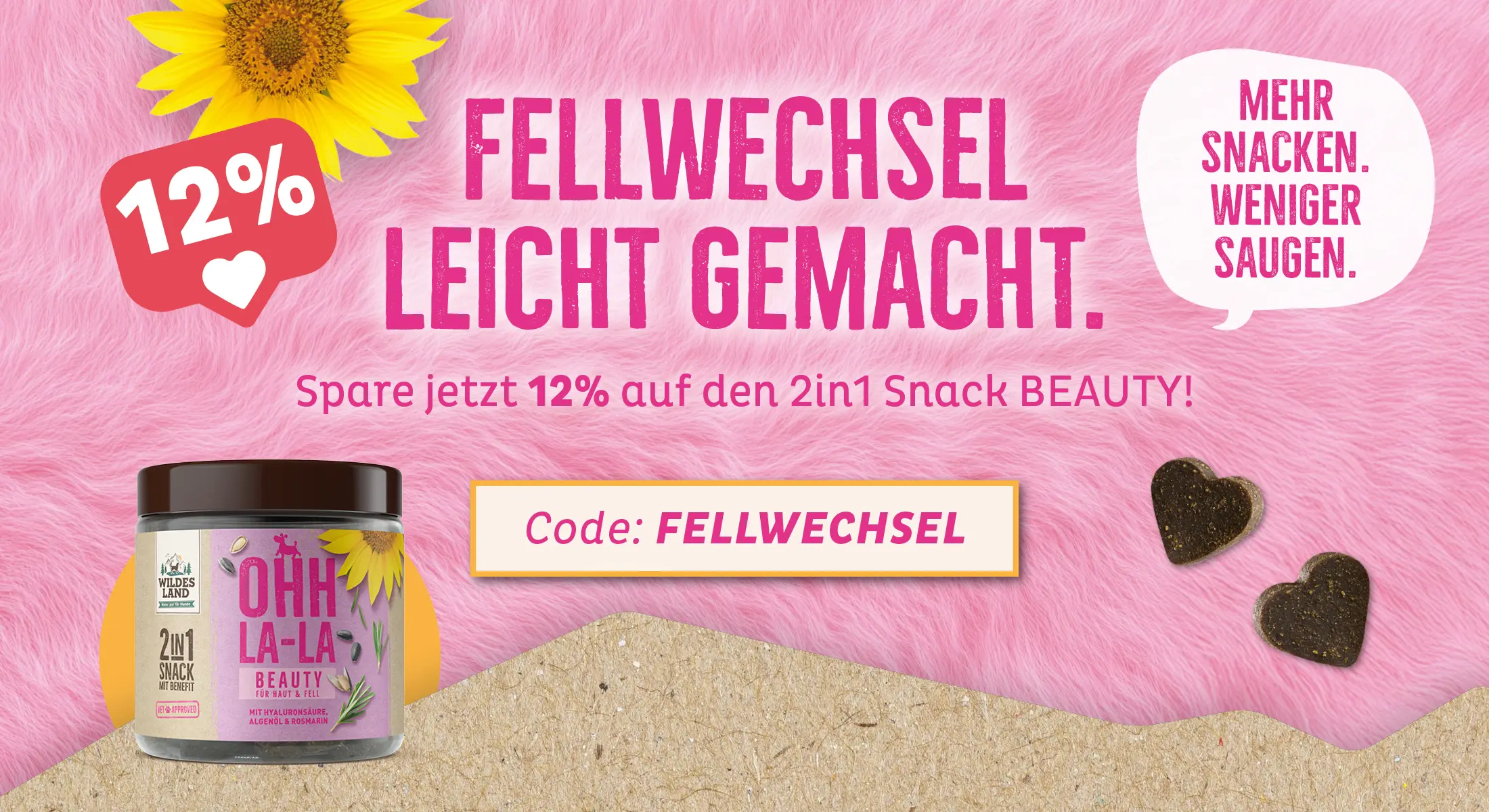 Werbebanner zur Fellwechsel-Aktion, spare 12% auf den 2in1 Snack BEAUTY - Fellwechsel leicht gemacht!